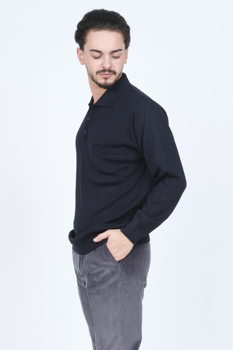 Ateş Triko Ateş Knitwear Men's Polo Collar Pocket Detailed Wool Sweater 6091023 Navy Blue  - Image 2