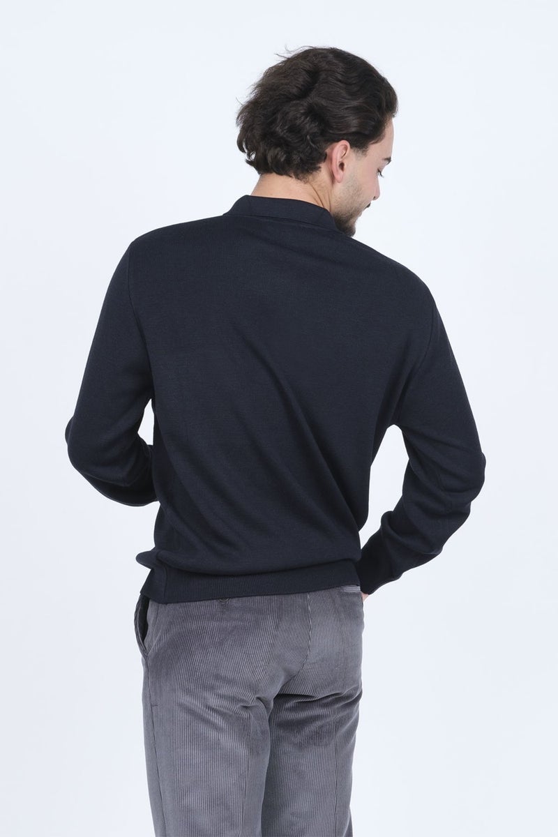 Ateş Triko Ateş Knitwear Men's Polo Collar Pocket Detailed Wool Sweater 6091023 Navy Blue  - Image 5
