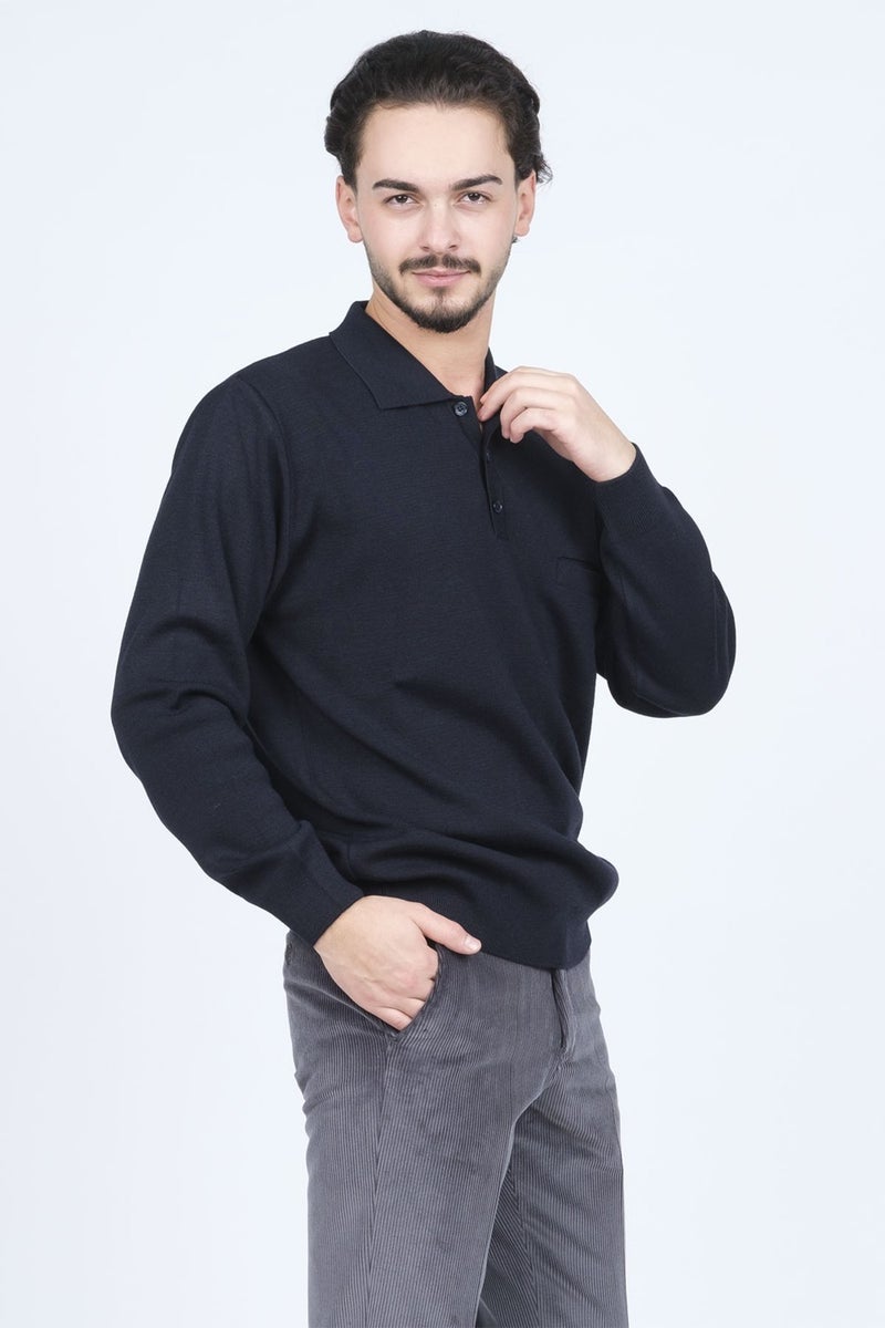 Ateş Triko Ateş Knitwear Men's Polo Collar Pocket Detailed Wool Sweater 6091023 Navy Blue  - Image 4
