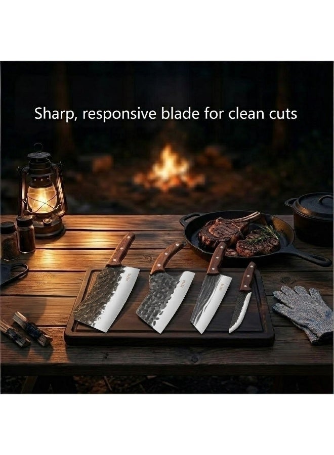 KLYTE 8-Piece Kitchen Knife Set, Hand Forged Butcher Knives with Wooden Handle, Chef Knife, Cleaver, Meat Cutting Knives for Home BBQ - Image 3