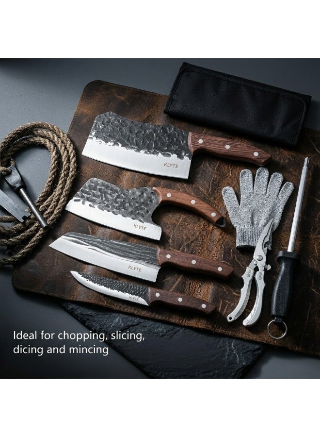 KLYTE 8-Piece Kitchen Knife Set, Hand Forged Butcher Knives with Wooden Handle, Chef Knife, Cleaver, Meat Cutting Knives for Home BBQ - Image 4