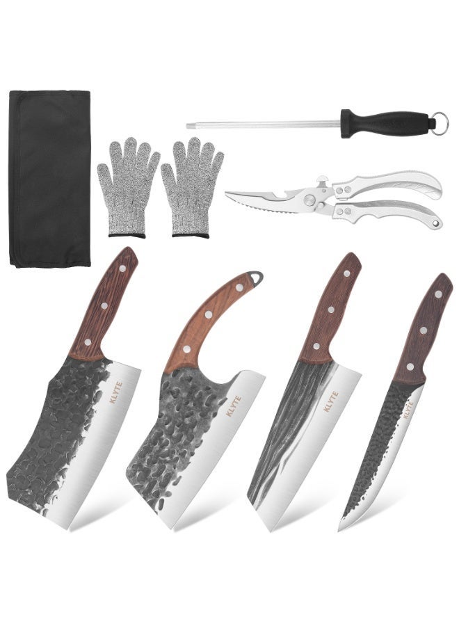 KLYTE 8-Piece Kitchen Knife Set, Hand Forged Butcher Knives with Wooden Handle, Chef Knife, Cleaver, Meat Cutting Knives for Home BBQ - Image 1