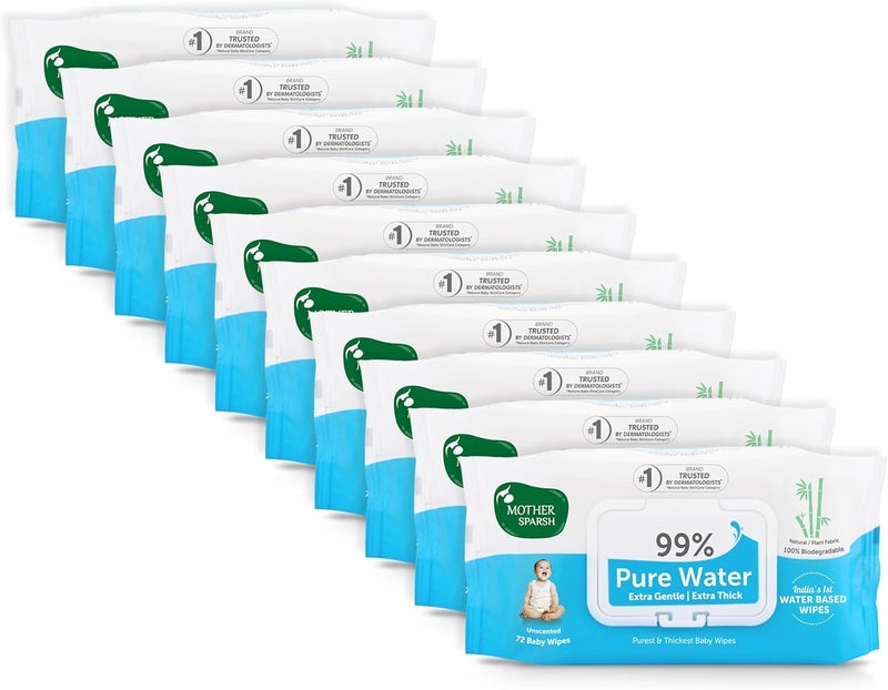 Mother Sparsh 99% Pure Water Unscented Baby Wipes - Pack of 10 (72 Wipes Each) - Image 1