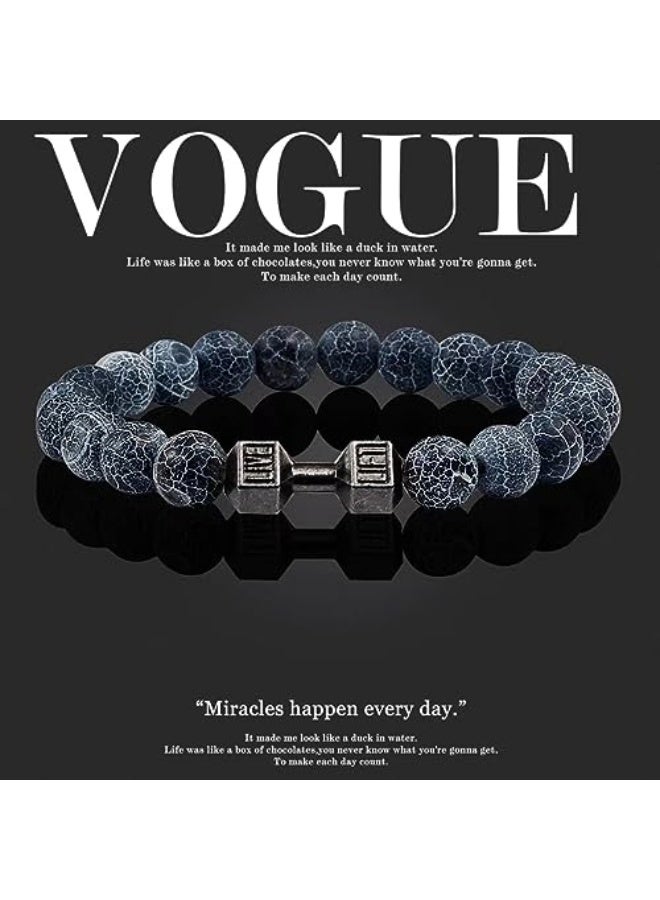 GAUEIOUR Dumbbell Bracelet,Blue Weathered Natural Stone Frosted Elastic Alloy Bracelet, Fitness Men and Women's Stainless Steel Barbell Jewelry, Fitness Yoga Men and Women's Jewelry Gifts, 不锈钢  - Image 3