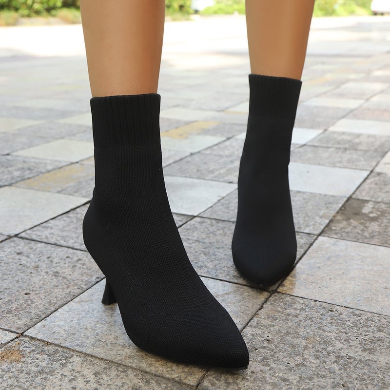 Fly-Knit High-Heeled Fashion Boots For Women, Style, 2025 Autumn New Model, Thin Heel, Large Size, Pointed Toe, Slip-On Elastic Sock Boots - Image 1