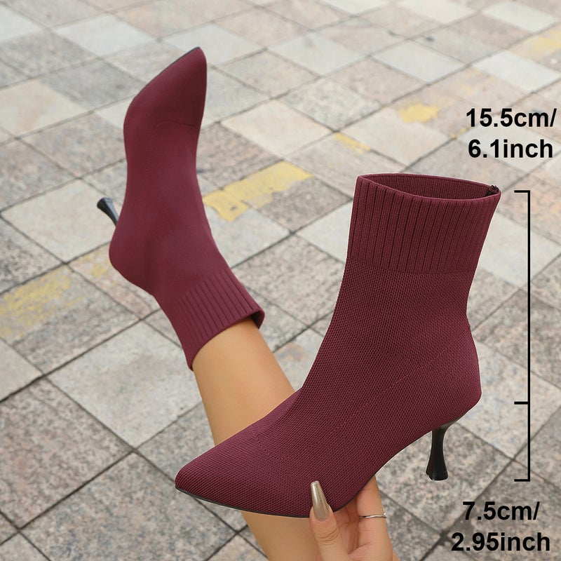 Fly-Knit High-Heeled Fashion Boots For Women, Style, 2025 Autumn New Model, Thin Heel, Large Size, Pointed Toe, Slip-On Elastic Sock Boots - Image 4