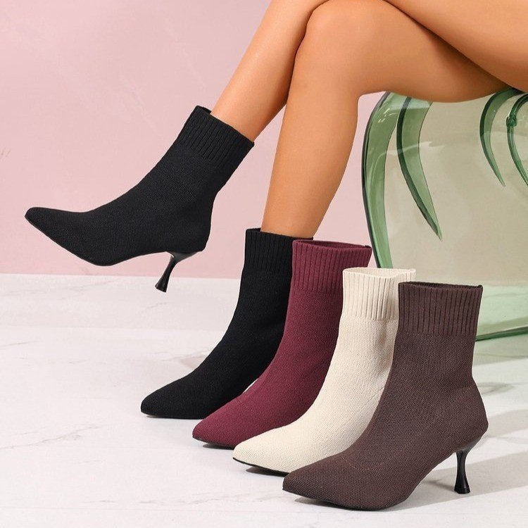Fly-Knit High-Heeled Fashion Boots For Women, Style, 2025 Autumn New Model, Thin Heel, Large Size, Pointed Toe, Slip-On Elastic Sock Boots - Image 2
