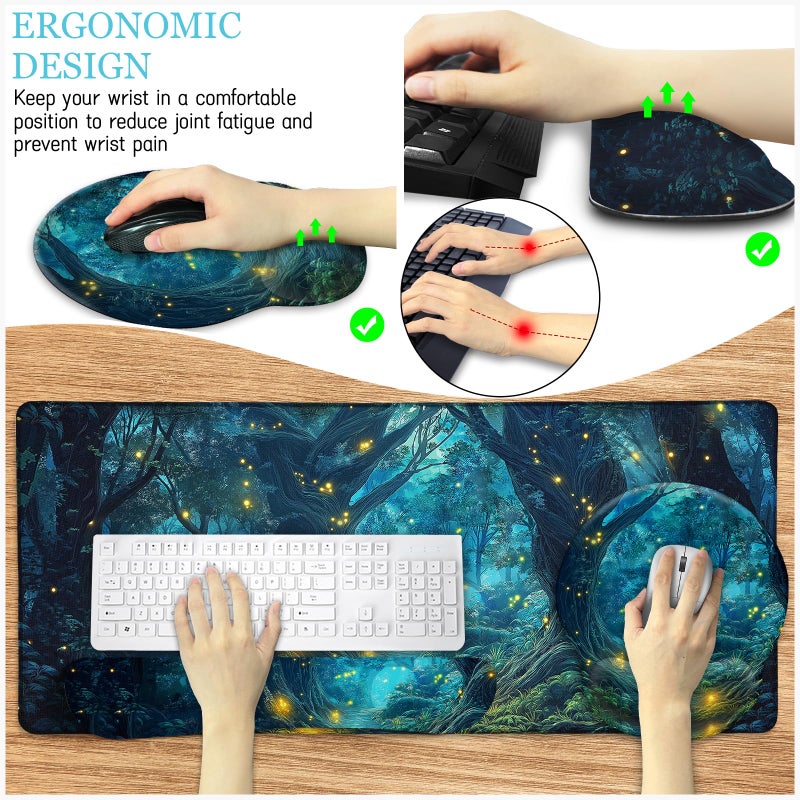 LIMKRIAN Ergonomic Mouse Pad Set Large Desk Matt for Desktop, Gaming Mouse Pad Wrist Rest Keyboard Mat Cup Coaster Set Cute Office Desk Decor Accessories for Women, Firefly Forest - Image 4