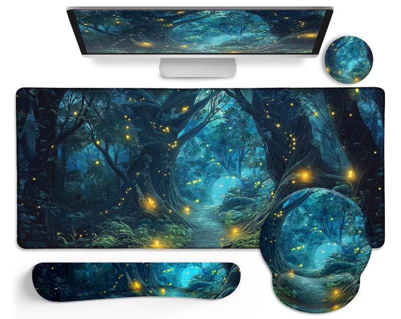 LIMKRIAN Ergonomic Mouse Pad Set Large Desk Matt for Desktop, Gaming Mouse Pad Wrist Rest Keyboard Mat Cup Coaster Set Cute Office Desk Decor Accessories for Women, Firefly Forest - Image 1