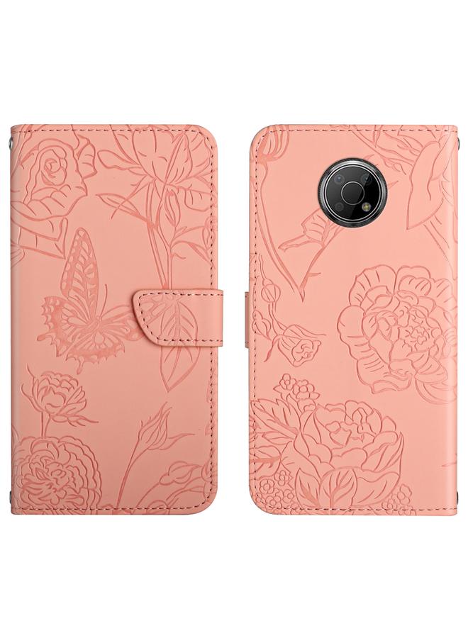 اس-توب جراب لهاتف Nokia G300 مصنوع من الجلد المنقوش بنقشة زهور الفاوانيا والفراشات - Image 1