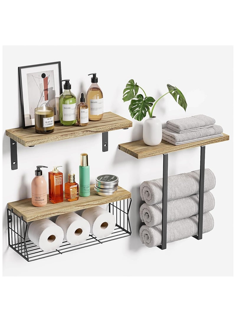 YQbest Floating Shelves Wall Mounted Over Toilet,Bathroom Shelf with Towel Rack Paper Holder Storage - Rustic Wood Farmhouse Shelves for Wall Decor/Bathroom (Brown) - Image 1