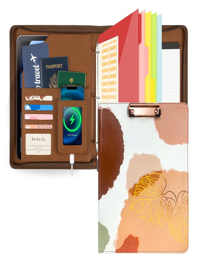 Ospelelf Leather Clipboard with Storage, Zippered Padfolio Portfolio Organizer, 3 Ring Binder 1 Inch, Notepad, Tablet Sleeve, 5 Dividers with Pocket for Office, Nurses, Students, Teachers Brown - Image 1