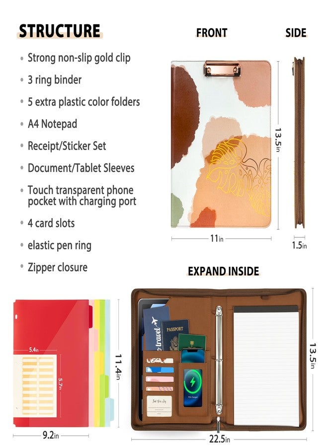 Ospelelf Leather Clipboard with Storage, Zippered Padfolio Portfolio Organizer, 3 Ring Binder 1 Inch, Notepad, Tablet Sleeve, 5 Dividers with Pocket for Office, Nurses, Students, Teachers Brown - Image 2