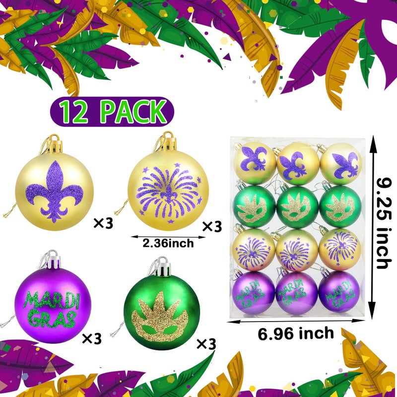 Partyprops 12PCS Mardi Gras Ball Ornaments - 2.36"" Glitter Purple Green Gold Home Tree Baubles Ornaments - Mardi Gras Shatterproof Hanging Ball - Mardi Gras Decorations for New Orleans Masquerade Party Decor - Image 2