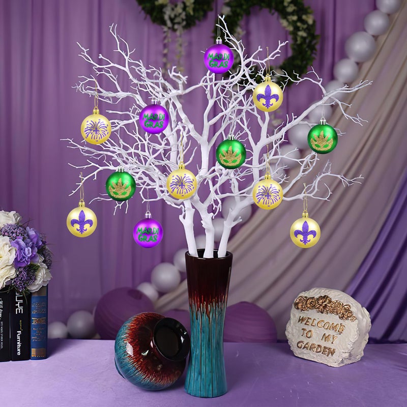 Partyprops 12PCS Mardi Gras Ball Ornaments - 2.36"" Glitter Purple Green Gold Home Tree Baubles Ornaments - Mardi Gras Shatterproof Hanging Ball - Mardi Gras Decorations for New Orleans Masquerade Party Decor - Image 4