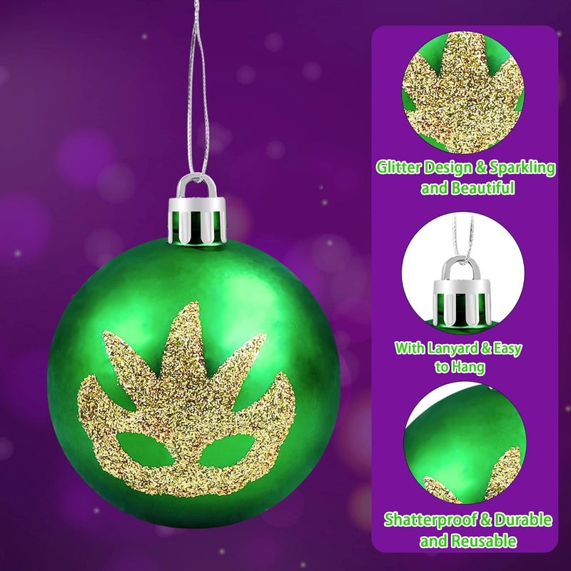 Partyprops 12PCS Mardi Gras Ball Ornaments - 2.36"" Glitter Purple Green Gold Home Tree Baubles Ornaments - Mardi Gras Shatterproof Hanging Ball - Mardi Gras Decorations for New Orleans Masquerade Party Decor - Image 3