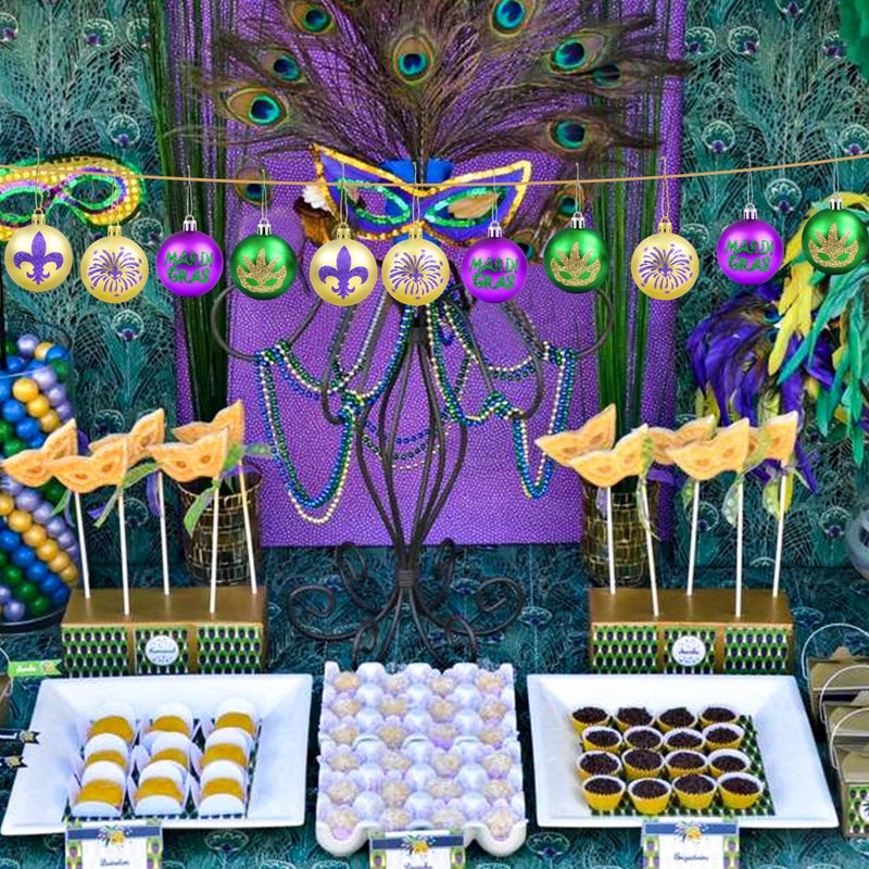 Partyprops 12PCS Mardi Gras Ball Ornaments - 2.36"" Glitter Purple Green Gold Home Tree Baubles Ornaments - Mardi Gras Shatterproof Hanging Ball - Mardi Gras Decorations for New Orleans Masquerade Party Decor - Image 5