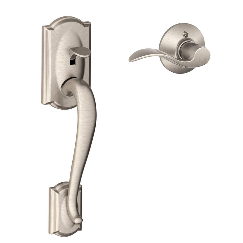 مجموعة مقابض الدخول الأمامية Schlage FE285 CAM 619 ACC RH Camelot مع ذراع لهجة يمينية ونصف قبضة سفلي من النيكل المصقول