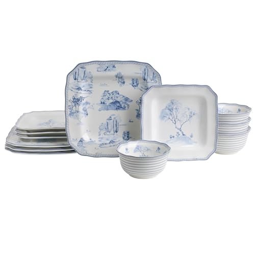 222 Fifth 12-Piece Porcelain Dinnerware Set for 4, Glossy White Plates and Bowls Set with Blue Decal, Elegant Square Ceramic Dish Set, Kitchen Tableware, Microwave & Dishwasher Safe, Scenic Toile - Image 1