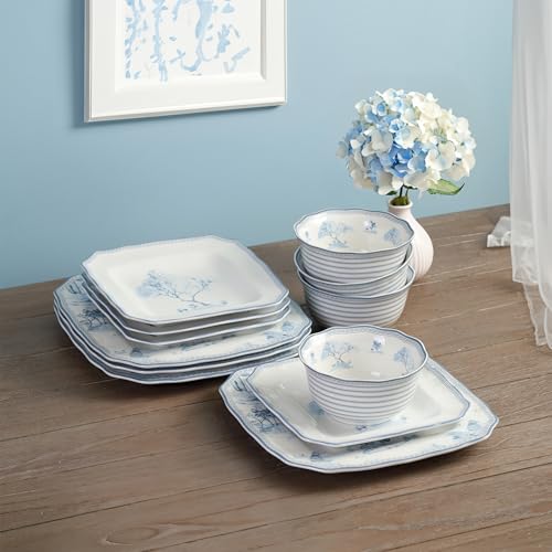 222 Fifth 12-Piece Porcelain Dinnerware Set for 4, Glossy White Plates and Bowls Set with Blue Decal, Elegant Square Ceramic Dish Set, Kitchen Tableware, Microwave & Dishwasher Safe, Scenic Toile - Image 3