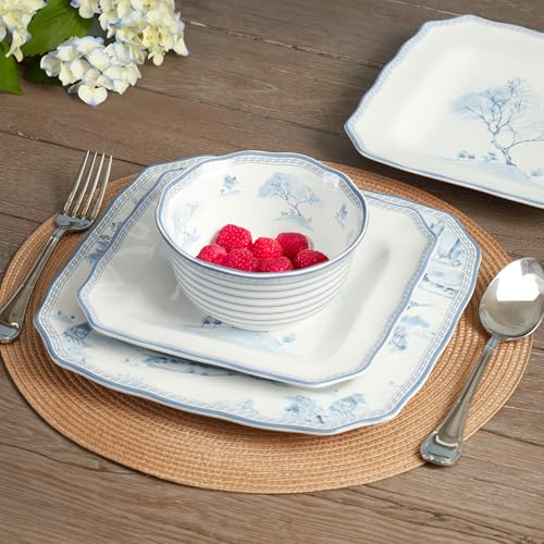 222 Fifth 12-Piece Porcelain Dinnerware Set for 4, Glossy White Plates and Bowls Set with Blue Decal, Elegant Square Ceramic Dish Set, Kitchen Tableware, Microwave & Dishwasher Safe, Scenic Toile - Image 4