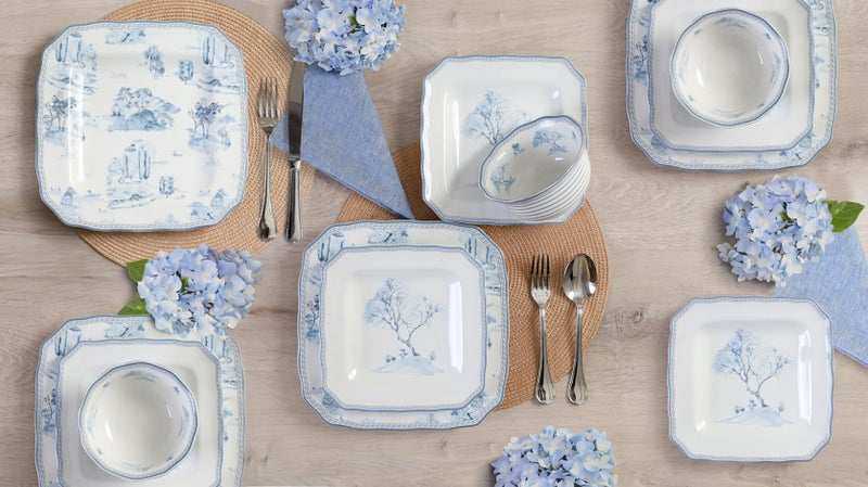 222 Fifth 12-Piece Porcelain Dinnerware Set for 4, Glossy White Plates and Bowls Set with Blue Decal, Elegant Square Ceramic Dish Set, Kitchen Tableware, Microwave & Dishwasher Safe, Scenic Toile - Image 5