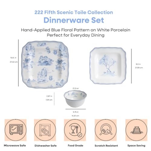 222 Fifth 12-Piece Porcelain Dinnerware Set for 4, Glossy White Plates and Bowls Set with Blue Decal, Elegant Square Ceramic Dish Set, Kitchen Tableware, Microwave & Dishwasher Safe, Scenic Toile - Image 2