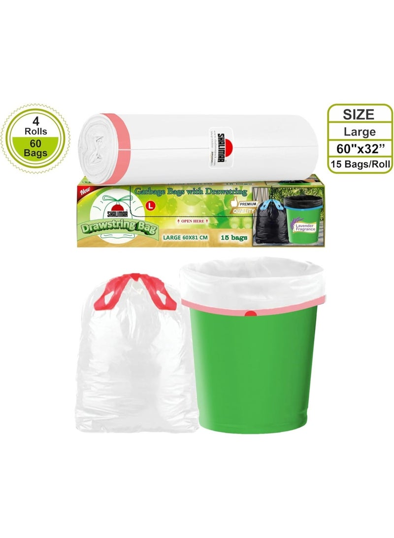 Shalimar Premium OXO - Biodegradable Shalimar 60 Pcs - 12 Gallon Drawstring Garbage Bag, Lavender Fragrance – Leak-Proof Dustbin/Trash/Waste Bags – 152x206 cm – Fits 10 to 12 Gallon Bins – White - Image 1