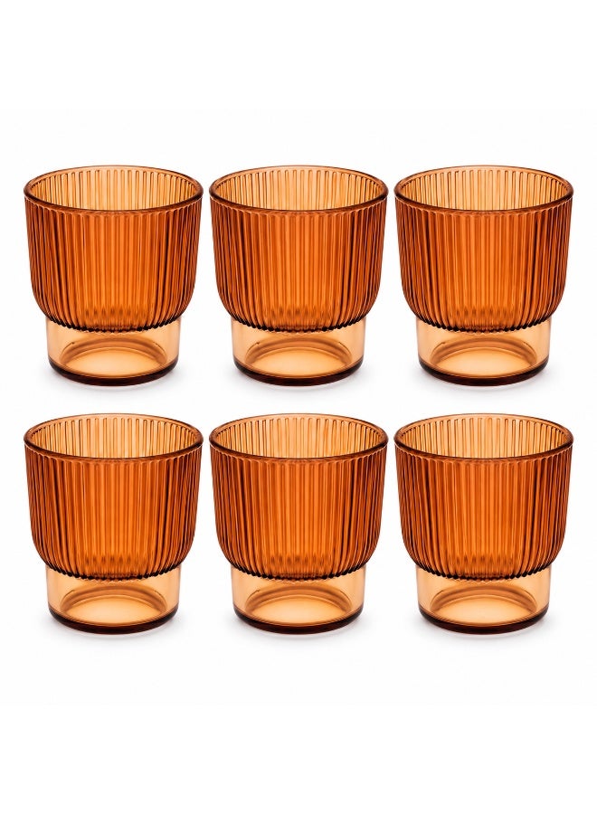 Acrylic Drinking Tumbler Set 6 Pieces BPA-Free Food-Grade Ribbed Reusable Cups for Dining Table Kitchen Parties & Home Décor (Amber Orange) - Image 1