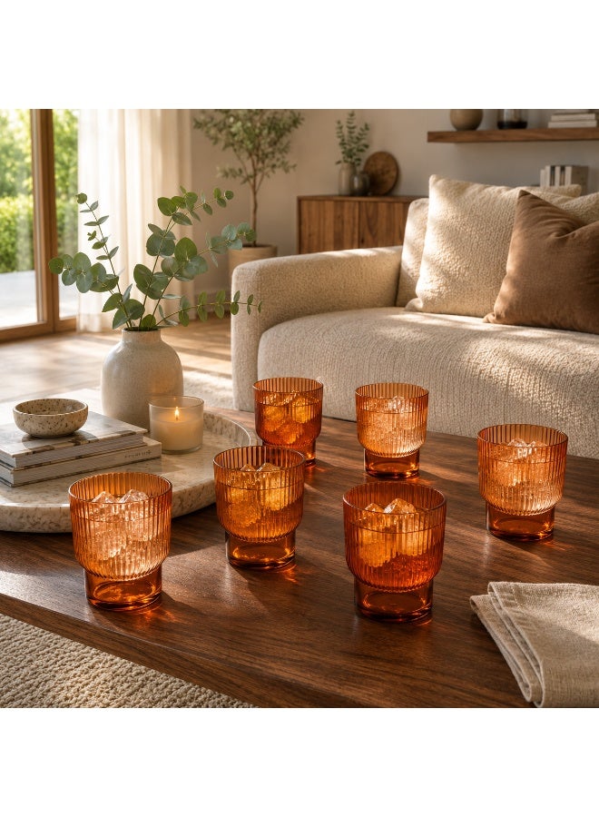Acrylic Drinking Tumbler Set 6 Pieces BPA-Free Food-Grade Ribbed Reusable Cups for Dining Table Kitchen Parties & Home Décor (Amber Orange) - Image 2