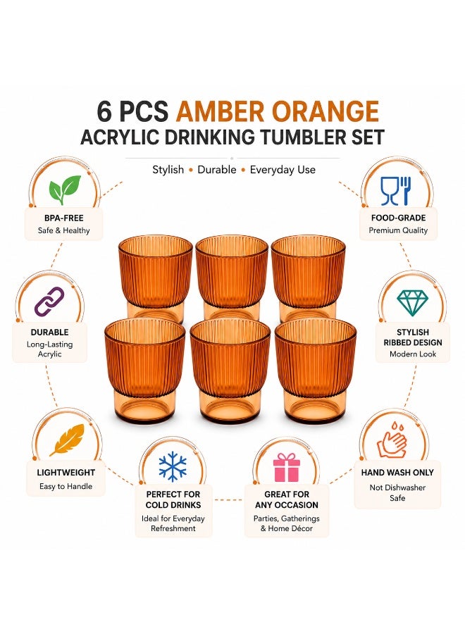 Acrylic Drinking Tumbler Set 6 Pieces BPA-Free Food-Grade Ribbed Reusable Cups for Dining Table Kitchen Parties & Home Décor (Amber Orange) - Image 4