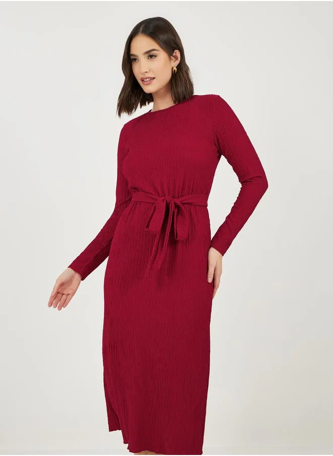 Styli Textured Bodycon Midi Dress with Tie-Belt