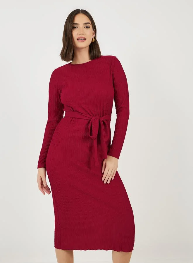 Styli Textured Bodycon Midi Dress with Tie-Belt