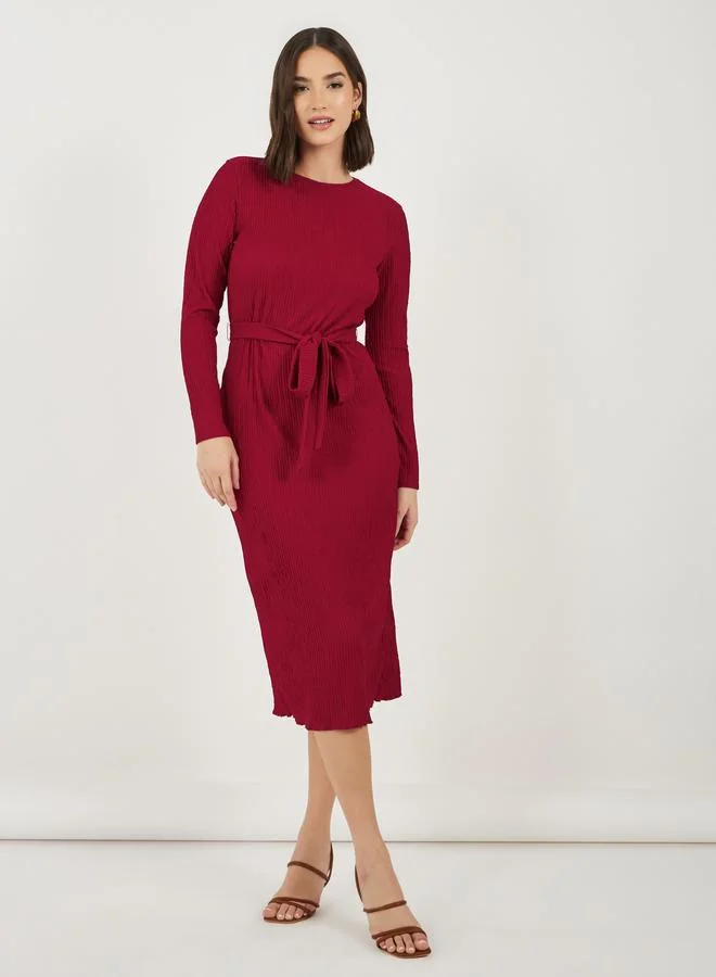 Styli Textured Bodycon Midi Dress with Tie-Belt