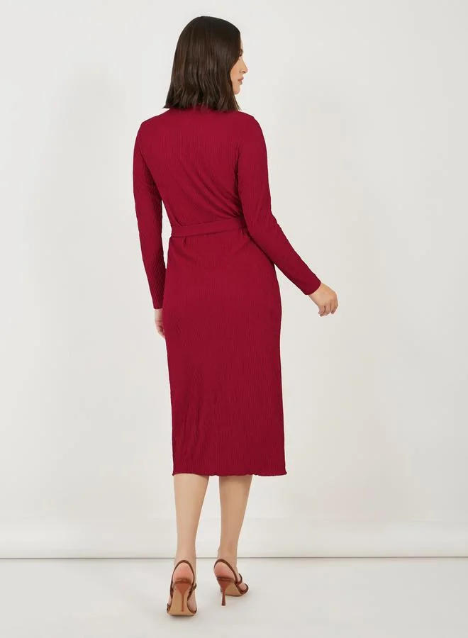 Styli Textured Bodycon Midi Dress with Tie-Belt