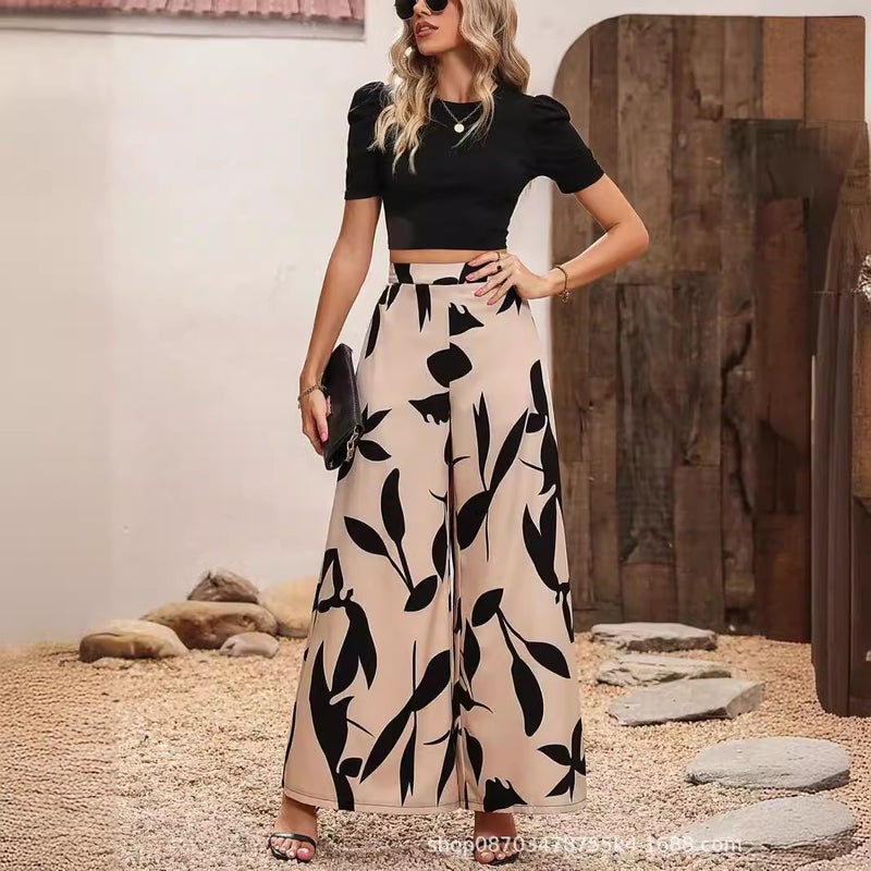 Cross-border Export Leaf Printed Casual Pants Wide-leg Pants Short-sleeved Spring and Summer Two-piece Set Tight-fitting Navel-baring T-shirt Pants Suit Black 