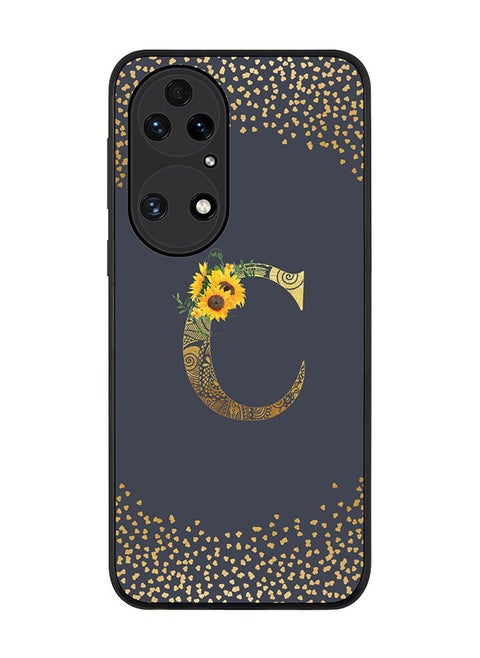 Rugged Black edge case for Huawei P50 Slim fit Soft Case Flexible Rubber Edges Anti Drop TPU Gel Thin Cover - Custom Monogram Initial Letter Floral Pattern Alphabet - C (Grey )