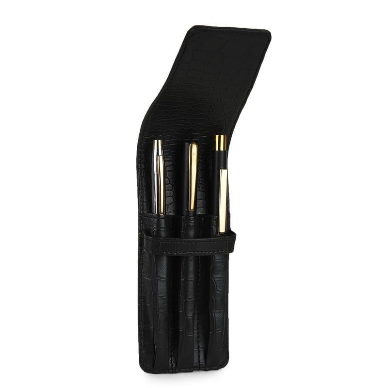essart Faux Leather 3-Slot Pen Case with Secure Loop - Stylish & Durable, Perfect for Fountain Pens in Croco-Black Color - Image 1