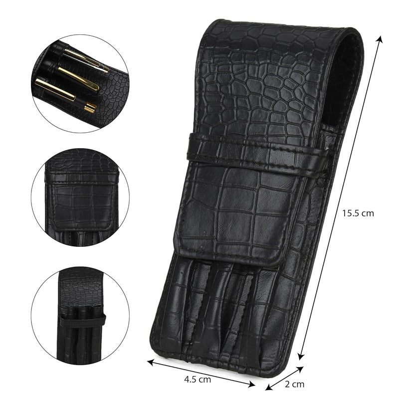 essart Faux Leather 3-Slot Pen Case with Secure Loop - Stylish & Durable, Perfect for Fountain Pens in Croco-Black Color - Image 3