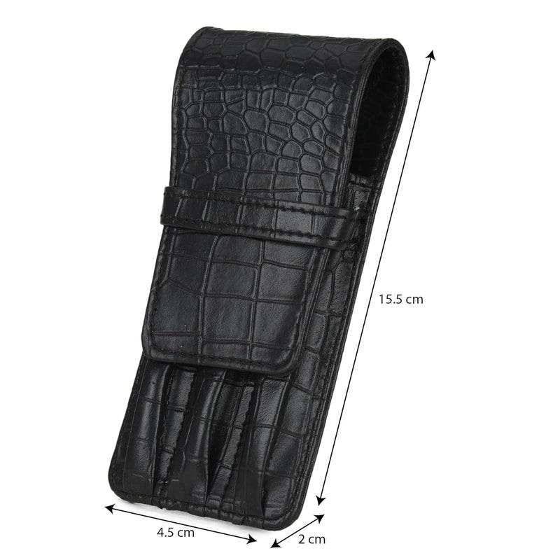 essart Faux Leather 3-Slot Pen Case with Secure Loop - Stylish & Durable, Perfect for Fountain Pens in Croco-Black Color - Image 5