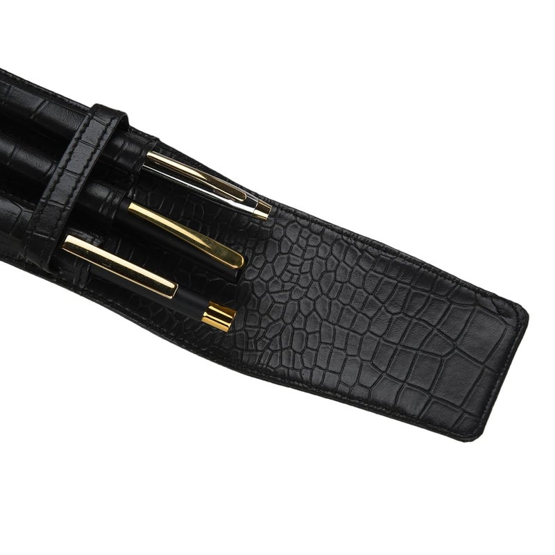 essart Faux Leather 3-Slot Pen Case with Secure Loop - Stylish & Durable, Perfect for Fountain Pens in Croco-Black Color - Image 2