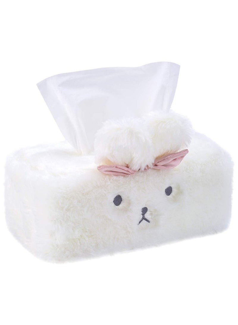 Plush Rabbit Tissue Box, SYOSI Cute Box Cover, Fluffy Home Décor, Office Desk Decoration, Car Accessories, Bunny, (White, Rectangle) - Image 1