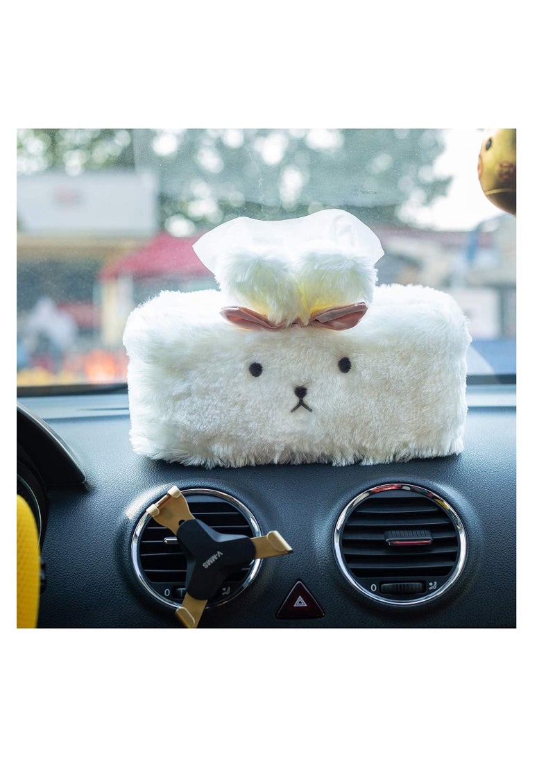 Plush Rabbit Tissue Box, SYOSI Cute Box Cover, Fluffy Home Décor, Office Desk Decoration, Car Accessories, Bunny, (White, Rectangle) - Image 2
