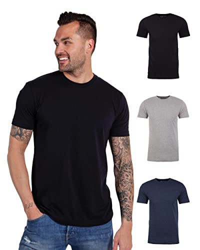 INTO THE AM Men's Plain Basic Tees 3 Pack Multipack - Fitted Essential Crewneck Blank Gym Classic Casual True Fit Fashion Undershirts for Guys (Black/Grey/Navy, Large) - Image 1