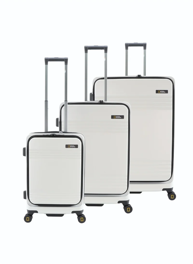 NATIONAL GEOGRAPHIC National Geographic Lodge Travel Suitcase Set, 100% PC Durable Lightweight Hard Shell Expandable Luggage, 4 Double Wheel, TSA Lock 3pcs Trolley Bag White (20+24+28 Inch).