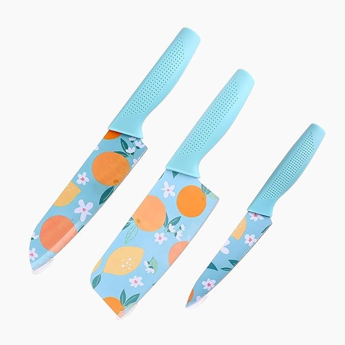 LYBAA Knife Set Colour Printed Stainless Steel NonStick with NonSlip Ergonomic Handle Professional Chef Ultra Sharp Knife Set for Kitchen Restaurant Blue Set of 3 - Image 1