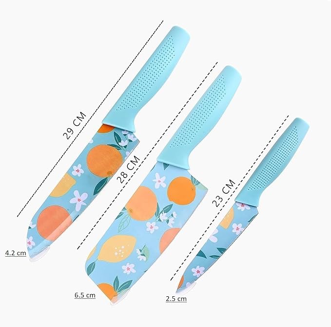 LYBAA Knife Set Colour Printed Stainless Steel NonStick with NonSlip Ergonomic Handle Professional Chef Ultra Sharp Knife Set for Kitchen Restaurant Blue Set of 3 - Image 2