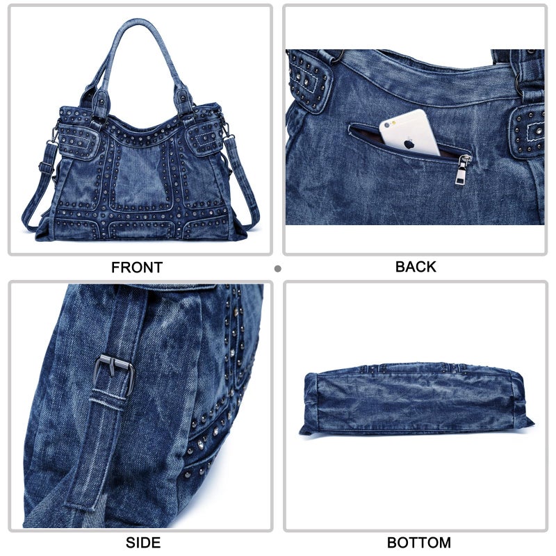 iPinee Designer Denim Handbags for Women Hobo Tote Bag Crossbody Denim Purses Blue Jean Shoulder Bag (IP-A5) - Image 5