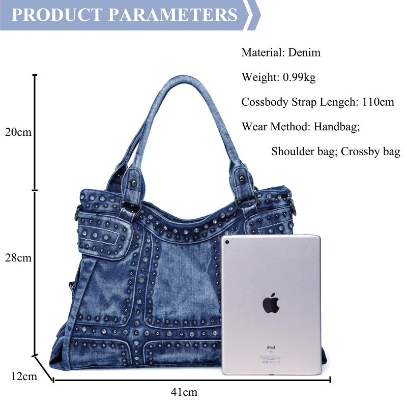 iPinee Designer Denim Handbags for Women Hobo Tote Bag Crossbody Denim Purses Blue Jean Shoulder Bag (IP-A5) - Image 4