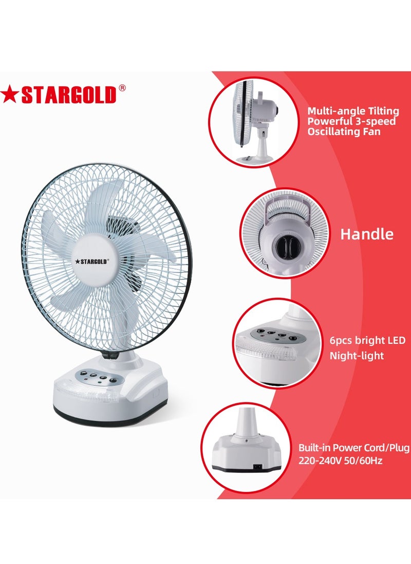 Rechargeable Fan Portable Desk Fan AC/DC 3 Speed Oscillating with LED Light Fan 10inch 22W